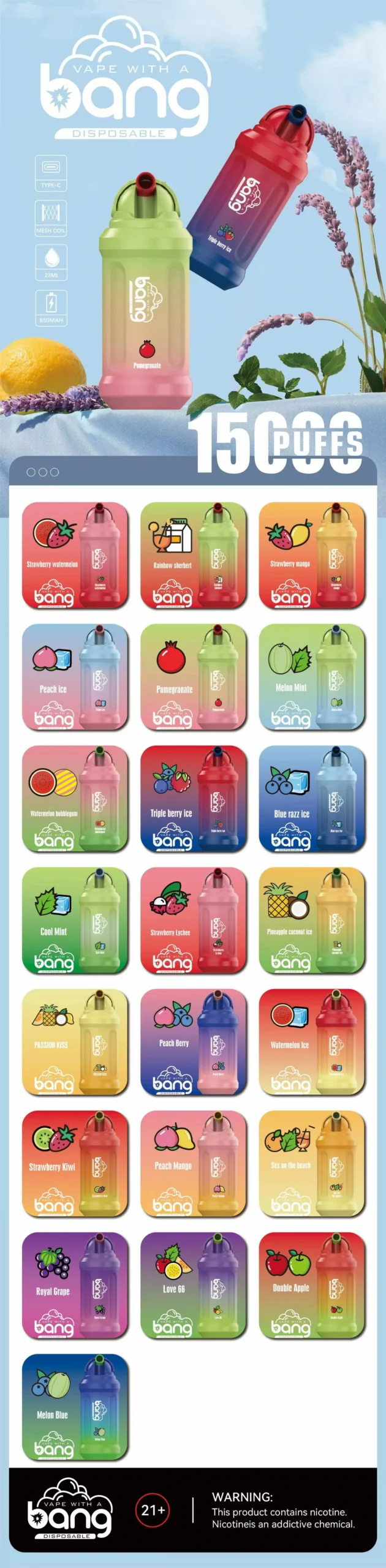Bang 15000 baforadas OEM cigarro eletrônico descartável por atacado Vapor E Hookah 0% 2% 3% 5% Nicotina a granel Comprar Vape descartável por atacado