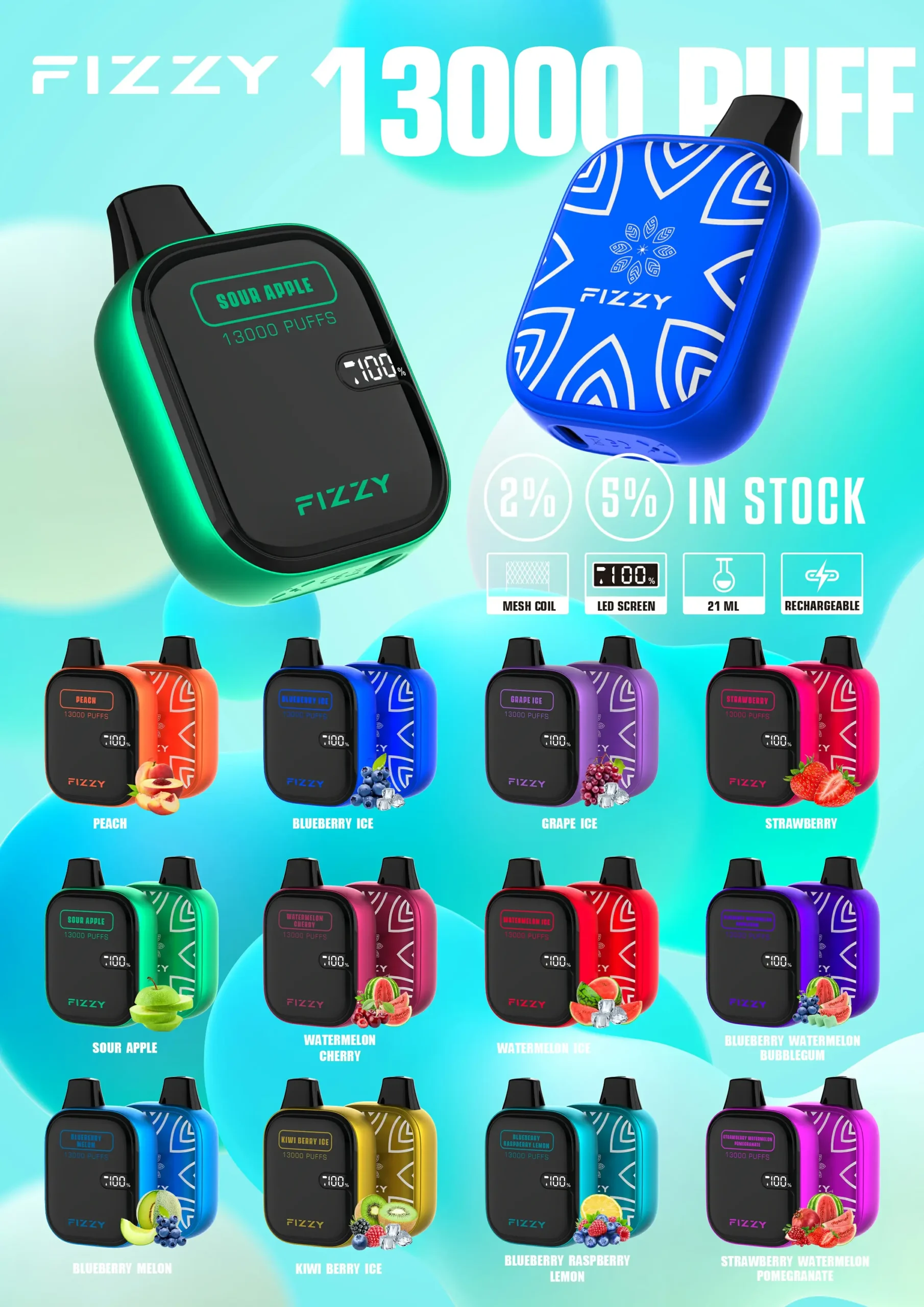 Último Fizzy Boom 13000 Puffs Bar Desechable Vape Pen E-Cigarrillo Vape desechable Pod 2% 5% Nicotina 2 ml Líquido China Fábrica Compra a granel Vape desechable al por mayor 