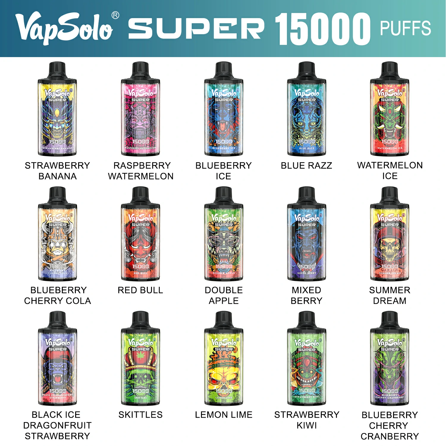 Originální Vapsolo Super 15K Puffs Jednorázový vape Pod 15000 Puff 2% 5% Cigareta s nízkým obsahem nikotinu Salt 650 mAh dobíjecí baterie Mesh Coil Jednorázové vapes Pen Hromadně Koupit velkoobchod