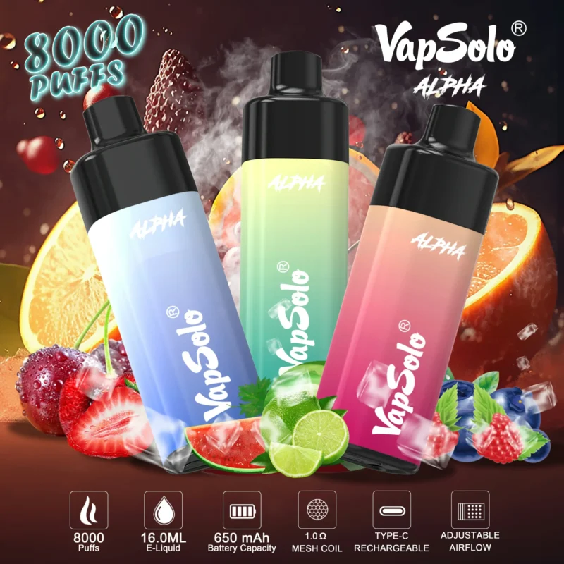 Velkoobchodní jednorázové pero Vapsolo Alpha 8000 Puffs se síťovanou cívkou a LCD displejem s nastavitelným průtokem vzduchu Hromadný nákup od China Factory (1)