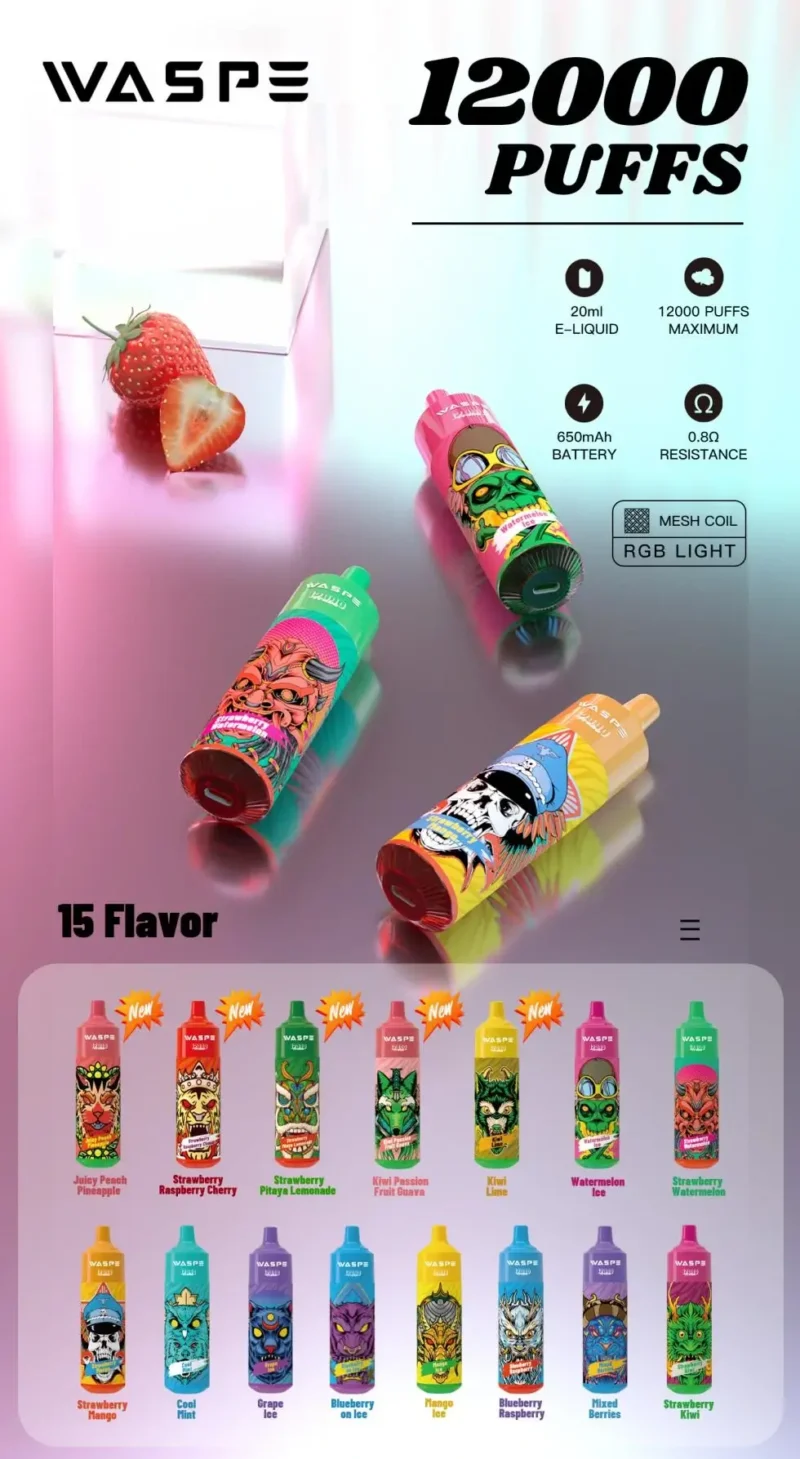 Velkoobchodní jednorázové vape pero WASPE 12000 PUFFS se síťovanou cívkou a LED světlem – k dispozici v 0% až 5% Nikotinové možnosti z původní továrny (5)