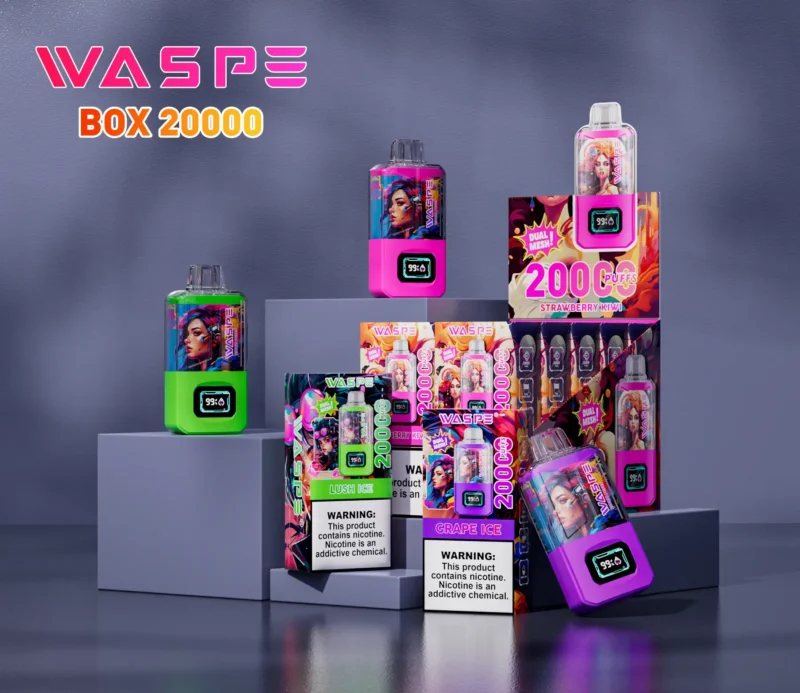 Caneta Vape descartável WASPE 20000 PUFFS Dual Mesh Box com caixa de malha dupla e display LCD disponível em 0% 2% 3% 5% Nicotina e 24ml Capaci ((16)
