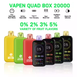 VAPEN QUAD BOX 20000 PUFFS Nastavitelný průtok vzduchu Dobíjecí 2% 5% Velkoobchodní jednorázový Vape displej s nízkým obsahem nikotinu na celé obrazovce (12)
