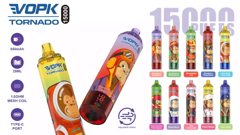 VOPK TORNADO 15000 Puffs Bulk Buy Wiederaufladbar 0% 2% 3% 5% Nikotinarmer Einweg-Vape Großhandel Einstellbare Luft-LED-Anzeige 2025 Heiß