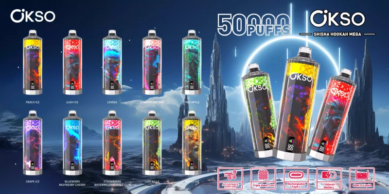 OKSO Shisha Hookah Mega 50K Puffs Ten Unique Flavors Triple Mesh Coil for Dense and Flavorful Clouds 1 2 scaled