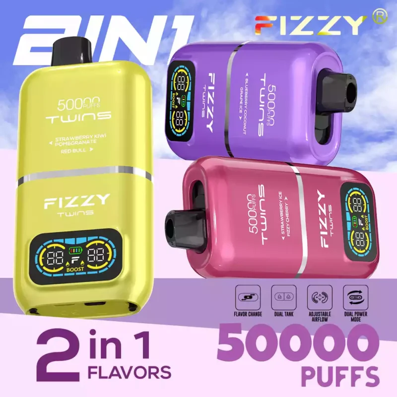 FIZZY Twins 50000 Puffs 50ML E Liquid And 12 Flavors With Mesh Coil For Extended Vaping Pleasure 50