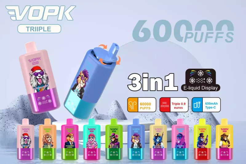 Vopk Tripe 60000 Puffs 60000 Puffs Três sabores e tecnologia de bobina de malha para uma viagem de vaporização de alta qualidade 1